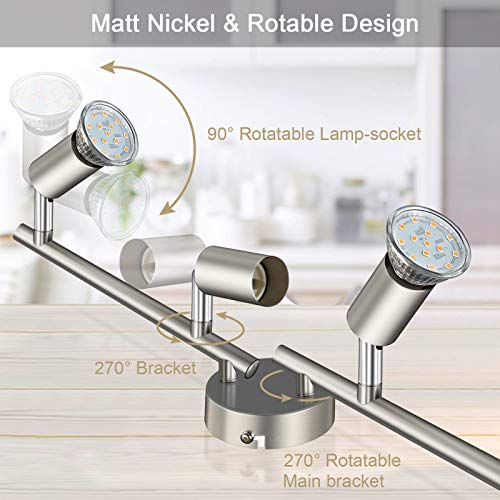 Defurhome LED Deckenleuchte Drehbar, 4 Flammig LED Strahler Deckenlampe Spot,Modern Deckenstrahler (Mattes Nickel) für Küche, Wohnzimmer, Schlafzimmer, inkl. 4 x 3.5W GU10 LED Lampen (380LM, warmweiß)