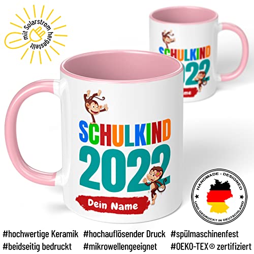 Geschenk zur Einschulung für Mädchen und Jungen: personalisierte Tasse "Schulkind 2022" mit Namen (Rosa)