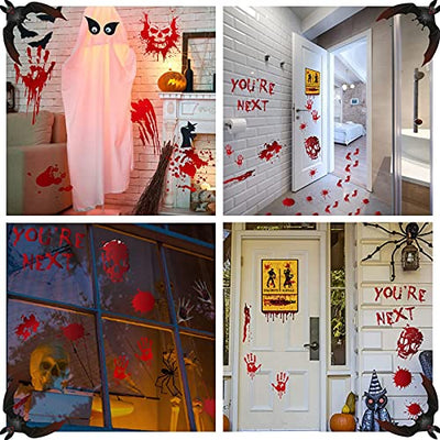 Moxled Halloween Deko Horror, Blutige Fenster Handabdruck Fußabdruck, 2 Sets Halloween Fenster Tür Aufkleber & 8 Sets Blutige Mauer Boden Aufkleber 88pcs Blutige Aufkleber für Halloween Party