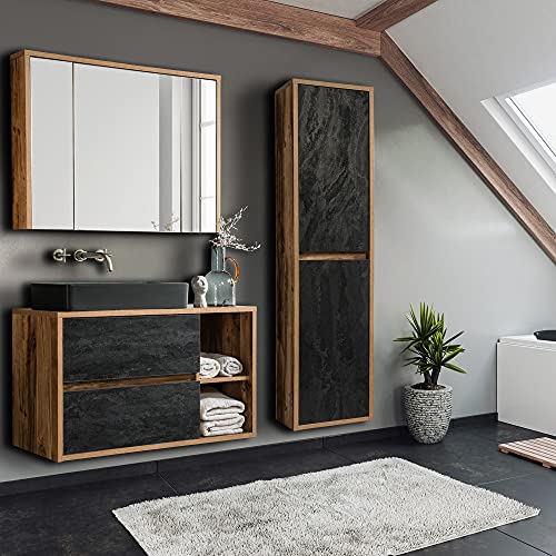 Lomadox Badmöbel-Komplett-Set Eiche mit Beton dunkel, 100 cm Waschtisch-Unterschrank, 61 cm Keramik-Waschbecken schwarz, 3-türiger Spiegelschrank, Hochschrank, B/H/T 160/200/46 cm