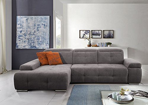 CAVADORE Ecksofa Mistrel mit Longchair XL links / Große Eck-Couch im modernen Design / Inkl. verstellbaren Kopfteilen / Wellenunterfederung / 273 x 77 x 173 / Kati Fango