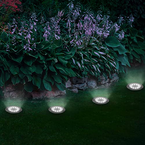 Solar Bodenleuchte Solarleuchte für Garten 12 LEDs 4 Stück, Weiß, Gartenleuchten Edelstahl Wasserdicht für außen, Garten, Terrasse, Rasen, Hof, Gehweg