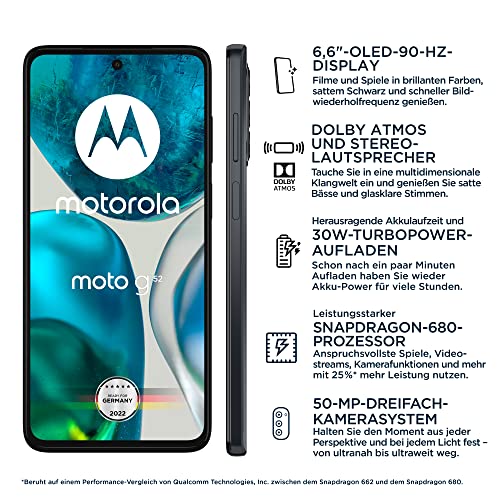 Motorola moto g52 Smartphone (6,5"-HD+-Display, 50-MP-Kamera, 4/128 GB, 5000 mAh, Android 12), Charcoal Grey, inkl. Schutzcover + KFZ-Adapter