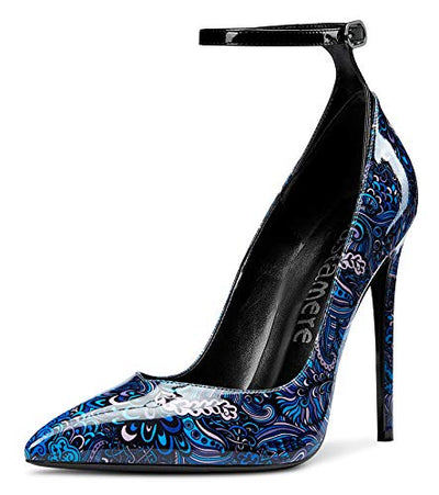 Castamere Damen Mode Ankle-Strap High Heels Pumps Spitzen Zehen Elegant Stilettos 12CM Heel Shoes Blau Mehrfarbig Lackleder Schuhe EU 40.5