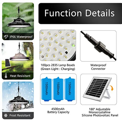 Solar Hängelampen für Außen & Innen, Piuiolu Hängend Solarlampen 100LED 1200LM Pendelleuchte mit Fernbedienung, 3000K|4000K|5000K Dimmbar, IP66 Wasserdicht Solarpanel Licht für Draußen Garten Camping