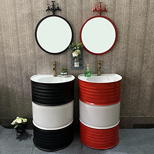 YRRA Waschtisch Stehend mit Unterschrank Industrial Style, Badmöbel Set mit Waschbecken, Wrought Iron Washbasin with Combination Tap and Drain 22,8 x 19,2 x 35,4 Zoll,Schwarz,with Mirror