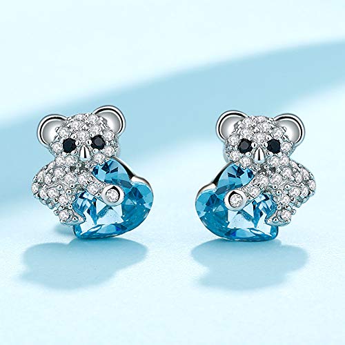 MEGA CREATIVE JEWELRY Damen Ohrringe Blau Herz Koala Bär Ohrstecker aus 925 Sterling Silber mit Kristalle Schmuck Geschenke für Frauen Mädchen