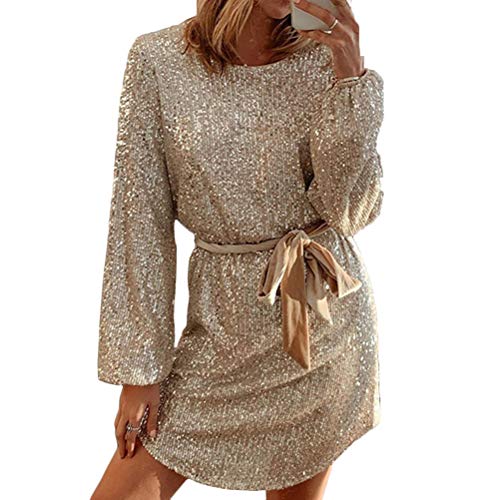 ORANDESIGNE Damen Pailletten Kleid Langarmshirt Bodycon Party Minikleider Sexy Paillettenkleid Abendkleid Minikleid Mit Gürtel 01 Gold-XL