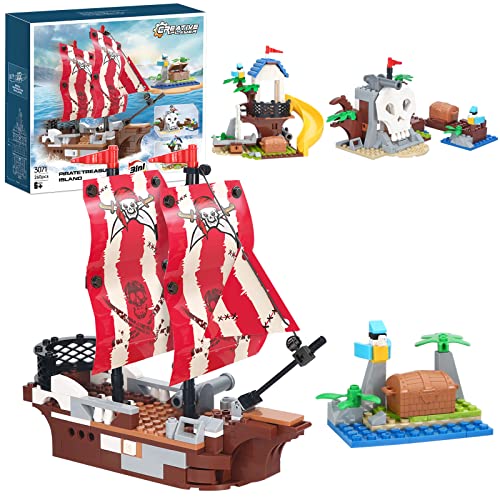 COGO Creator 3in1 Piratenschiff-Bausteine, Piraten-Baumhaus, Totenkopfinsel, Piraten-Abenteuer-Spielset, Creatives Spielzeug, für Kinder ab 6 Jahren, 260 Teile