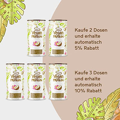 Vegan Protein - KOKOS - Pflanzliches Proteinpulver aus gesprossten Reis, Erbsen, Sojabohnen, Leinsamen, Amaranth, Sonnenblumen- und Kürbiskernen - 600 Gramm Pulver