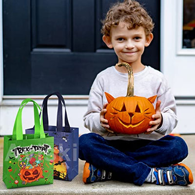 16 Stück Halloween Trick or Treat Taschen, Halloween Tragetaschen mit Griffen, Geschenktüten, multifunktionale Non-Woven Halloween Taschen zum Verpacken von Geschenken, Halloween Party Zubehör