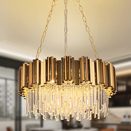 Modern Kristall Pendelleuchte Gold Kronleuchter, Rund Kristall Hängeleuchte, Häengelampe für Wohnzimmer, Esszimmer,Schlafzimmer, Restaurant, E14 x 8,  Ø60 cm