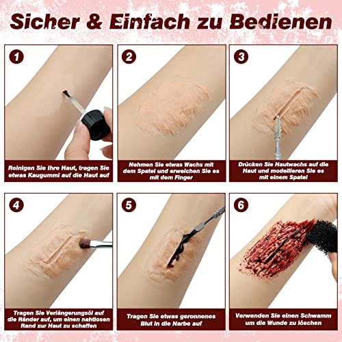 Halloween SFX Schminke Kit, KHOLEZ Halloween Kunstblut Set Mit Tupferschwämme, Special Effects Makeup Kit Wound Molding Skin Wax Mit Spatel, für Realistisch Wunden Narben Makeup für Zombie Vampir