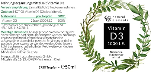 Vitamin D3-1000 I.E. pro Tropfen - 50ml (1750 Tropfen) - In MCT-Öl aus Kokos - Hochdosiert, flüssig