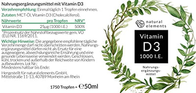 Vitamin D3-1000 I.E. pro Tropfen - 50ml (1750 Tropfen) - In MCT-Öl aus Kokos - Hochdosiert, flüssig