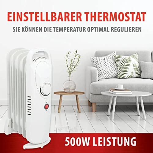 JUNG Heizung Elektrisch mit Thermostat, Ölradiator 500 Watt Energiesparend, mobile Elektroheizung für Räume bis 15qm, Elektrische Heizgerät Mobil mit 5 Lamellen, weiß