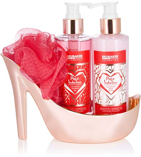 BRUBAKER Cosmetics 4-tlg. Bade- und Dusch Set Himbeere Champagner - Pflegeset Geschenkset in High Heel Rosé Gold