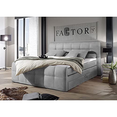 Lomadox ® Boxspringbett mit Bettkasten 180x200 cm, Hotelbett Doppelbett in Grau, Komfortschaum-Topper, 180 x 200 cm, H2, 7-Zonen-Taschenfederkern-Matratze