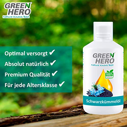 Green Hero Premium Schwarzkümmelöl 500 ml für Hunde und Pferde - Kümmelöl reich an Omega 6 und 9 Fettsäuren sowie Linolsäure - Barf Zusatz - Einzelfuttermittel