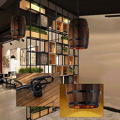 DiLiBee Pendelleuchte Retro Holz Weinfass Hängeleuchte Vintage Decke Anhänger Lampe Einstellbare Kette Industrial Stil Deckenleuchte für Bar Café Küche Restaurant Loft E27