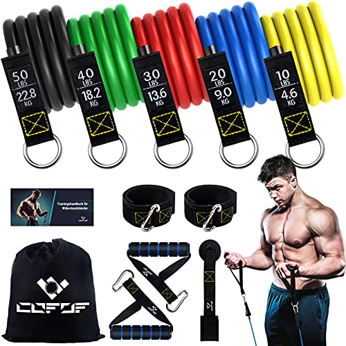 Resistance Bands Widerstandsbänder Set, 5 Fitnessbänder Expander Tube Bands, Fitnessband mit Großem Griff Knöchelriemen Türankerbefestigung Tragtasche, Ideal für Pilates Krafttraining Physiotherapie