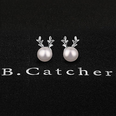 B.Catcher Ohrringe Damen Perlen S925 Silber Elch Geweih Ohrstecker 6mm S¨¹sswasser Zuchtperle Schmuck