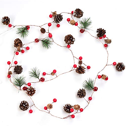 YQing 204cm Weihnachtskiefer Girlande, Weihnachtsgirlande mit LED,Rote Beeren, Kiefernzapfen, Beerengirlande Deko für Kamin-Tür-Winter-Innendekoration im Freien