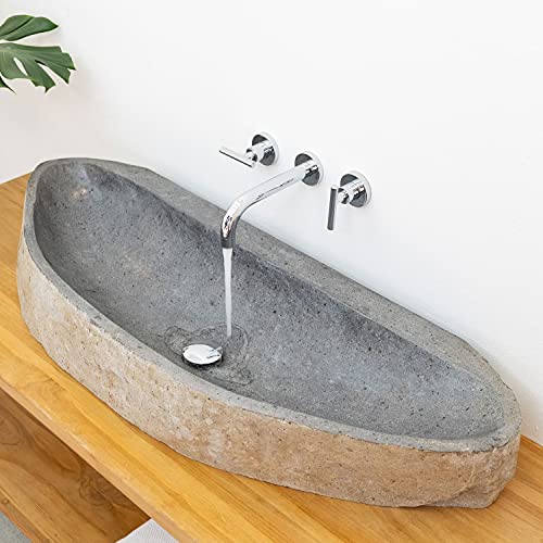 wohnfreuden 100 cm Naturstein-Waschbecken grau oval Aufsatzwaschbecken Handwaschbecken Doppel-Waschbecken XXL Badezimmer Gäste-WC