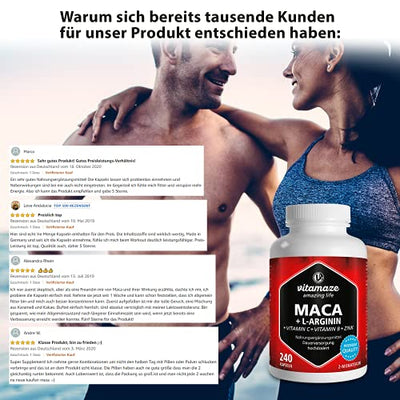 Maca Kapseln hochdosiert 4000 mg + L-Arginin + Vitamine + Zink, 240 Kapseln mit 4000 mg Pulver aus der Maca Wurzel für 2 Monate, Pflanzliche Nahrungsergänzung ohne Zusätze, Made in Germany