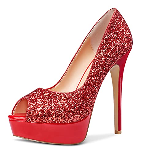 NobleOnly Damen Plattform Peep-Toes Pumps 13CM Stilettos High Heels Rot Glitter Schuhe EU38