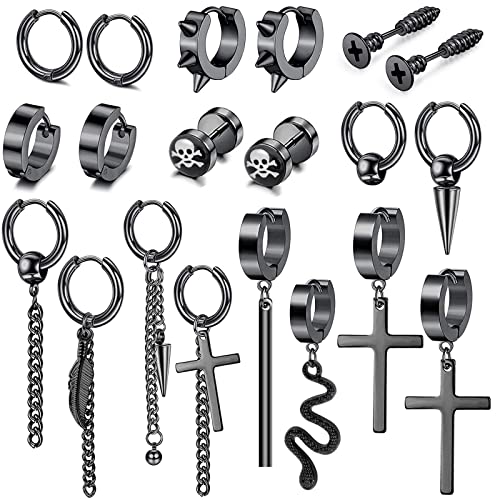 LIHELEI 20 Pcs Herren Edelstahl Ohrringe, Schwarz Ohrringe Punk Ohrringe Kreuz Feder Ohrstecker Creolen hypoallergen Set für Männer Damen