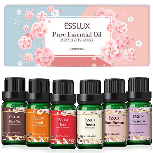 Ätherische Öle Geschenkset, ESSLUX Ätherische Öle für Diffuser, Pure Duftöle, Parfümöl(Neroli, Geranie, Rose, Freesie, dunkler Tee, Pflaumenblüte), 6x 10 ml