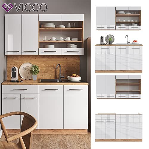 Vicco Küchenzeile Küchenblock Einbauküche Fame-Line Single 140 cm modern Küchen Schränke Spülenunterschrank Schubunterschrank Hängeschrank Hängeglasschrank Hochglanz (Eiche-Weiß Hochglanz)