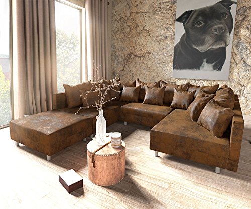 DELIFE Couch Clovis Braun Vintage Optik mit Hocker Wohnlandschaft Modulsofa