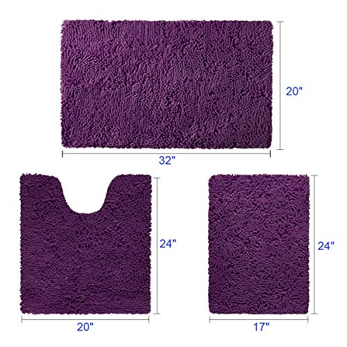 HOMEIDEAS 3-teiliges Badezimmerteppich-Set, ultraweich, rutschfest und saugfähig, Chenille-Badteppich, dunkelviolett, Badezimmerteppiche, Plüsch-Badematten für Badewanne, Dusche, Badezimmer