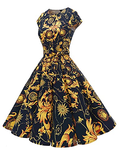 Dressystar Damen Vintage Retro Cocktailkleid Rockabilly Knielang Faltenrock Rundhalsausschnitt Party Kleider Navy Gold Flower XS