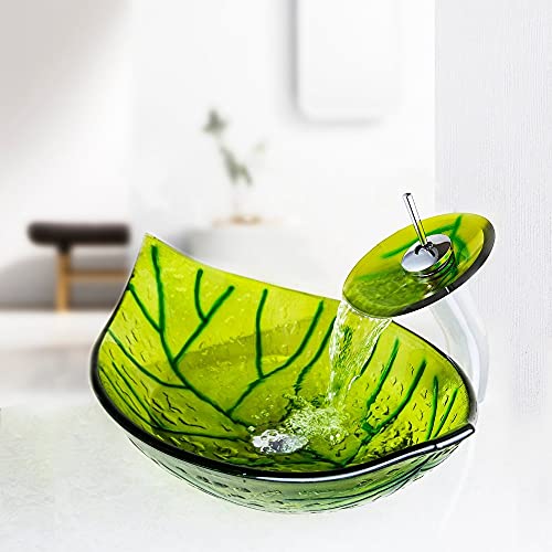 Green Leaf Waschbecken Wasserhahn Set aus gehärtetem Glas Schiff Vanity Green Leaf Form Becken Waschbecken Wasserfall Wasserhahn