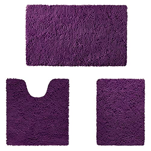 HOMEIDEAS 3-teiliges Badezimmerteppich-Set, ultraweich, rutschfest und saugfähig, Chenille-Badteppich, dunkelviolett, Badezimmerteppiche, Plüsch-Badematten für Badewanne, Dusche, Badezimmer