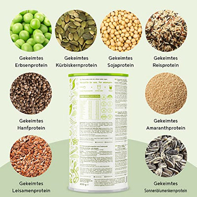 Vegan Protein - NEUTRAL - Pflanzliches Proteinpulver aus gesprossten Reis, Erbsen, Sojabohnen, Leinsamen, Amaranth, Sonnenblumen- und Kürbiskernen - 600g Pulver