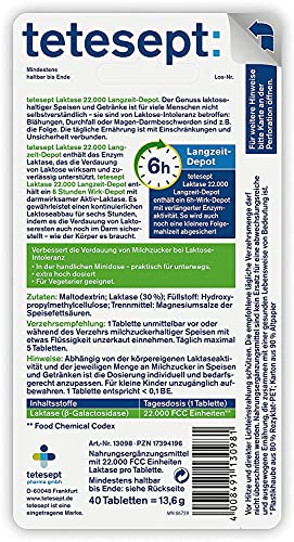 tetesept Laktase 22.000 – Laktasetabletten bei Laktoseunverträglichkeit – Nahrungsergänzungsmittel mit Sofortwirkung & 6h Langzeit-Depot – 1 Dose à 40 Stück