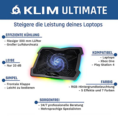 KLIM Ultimate + Laptop-RGB-Kühler- 11 bis 17 Zoll + Laptop-Gaming-Kühlung + Neuheit 2022 + USB-Lüfter + Stabil und leise + Mac PS5 und PS4-kompatibel