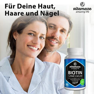 Biotin hochdosiert 10.000 mcg + Selen + Zink für Haarwuchs, Haut & Nägel - Der VERGLEICHSSIEGER* - 365 vegane Tabletten für 1 Jahr, Nahrungsergänzung ohne Zusatzstoffe, Made in Germany