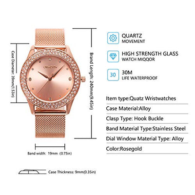 ManChDa Frauen Armbanduhr Kristall Mesh Edelstahl Gurt Damen Quarz Diamant Klassische Mode Romantische + Schmuck Manschette Armband Set (Rosegold)