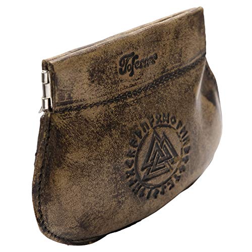 Mittelalterliche Ledertasche in braun mit geprägten Symbolen aus der alten Runen und den Symbolen Aegishjalmur und Valknut, ein originelles Geschenk von Toferner.