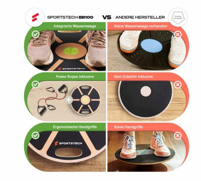 Sportstech Premium Balance Board aus Holz & integrierter Gleichgewichtswaage | Fitnessgerät für Zuhause | Gleichgewichtstrainer & Wackelbrett für Ganzköpertraining | Plank Board mit Power-Rope | BB100