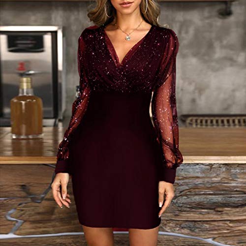 Cocktailkleid Damen Mesh Kleid Elegant Vintage Abendkleid V-Ausschnitt Transparent Glänzend Cocktailkleid Festliche A-Linie Abschlussball Partykleider Minikleid