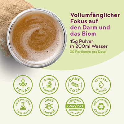 Darm-Elixier - Symbiotika mit Ballaststoffen und Alphabiom® Kulturen-Komplex, Flohsamenschalen, Inulin, Fenchel, Pektine, Klettenfrucht, Süßholzwurzel, Ohne Süßstoffe oder Aromen - 450 Gramm Pulver