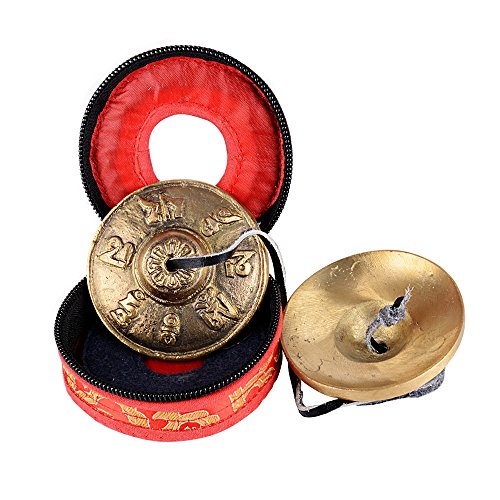 (Durchmesser: 6,5cm) Zimbeln + Schutzhülle (rot) Tibetische Meditation Glocke Tingsha mit gravierten Symbolen für selbst Heilung Yoga und Meditation Gebet religiöse Geschenk