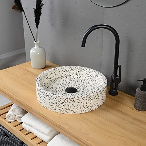 WOHNFREUDEN Terrazzo Waschbecken creme rund 40 cm - schwarz Naturstein Waschbecken Stein Becken Archi