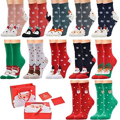 Vertvie 12 Paar Unisex Weihnachtssocken Christmas Socks Weihnachtsmotiv Weihnachten Festlicher Baumwolle Socken Mix Design für Damen und Herren (Einheitsgröße,12er Pack01)